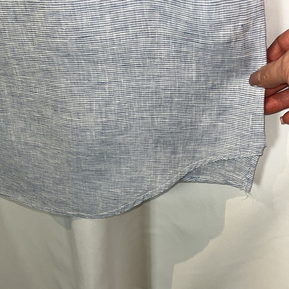 Chelsea & Theodore linen midi roll tab sleeve v neck dress Sz S blue/white - Picture 10 of 10